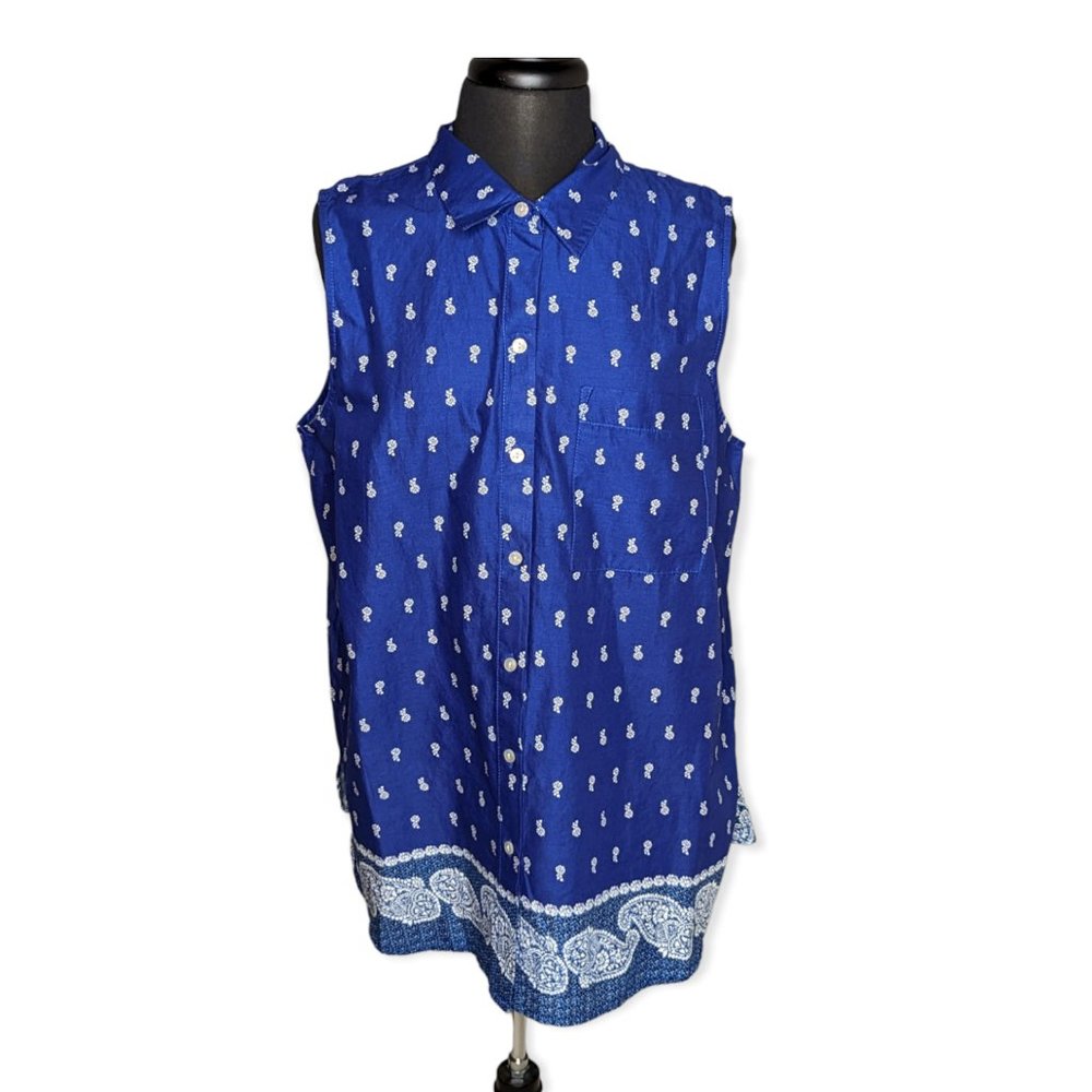 Faded Glory Sleeveless Blue & White Button Down Top Size XL